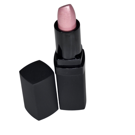 Pale lavender frosted metallic lipstick in a shimmering, captivating lavender finish , displayed in its elegant packaging.