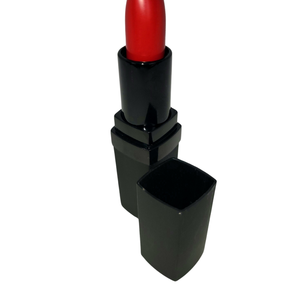 Richly pigmented dramatic red creme lipstick with a satin finish.