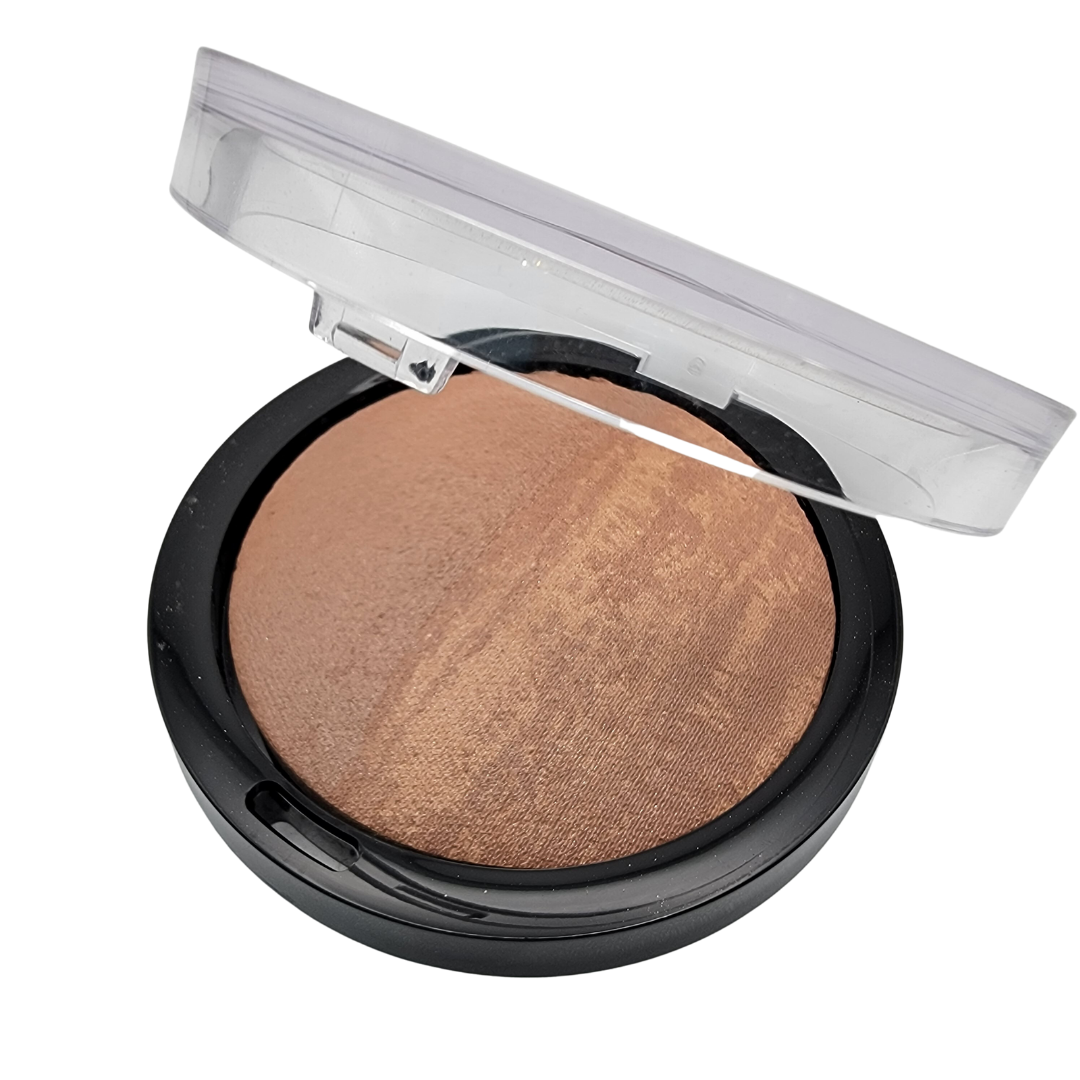 Pressed baked bronzing powders with a swirl of marbelized color to create an even bronzed tone.