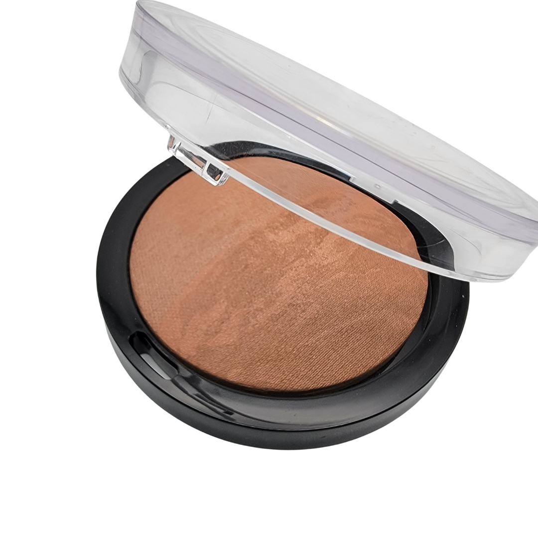 Baked bronzing powder compact with a swirl of marbelized color