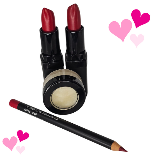 Red Romance Lip Hydration Collection: two red luxury creme lipsticks, hydrating overnight lip masque, and apple red wood lip pencil for precision