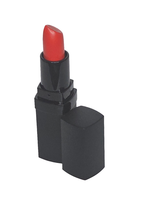 Hydrating orange-red creme lipstick with a smooth, creamy texture and bold color