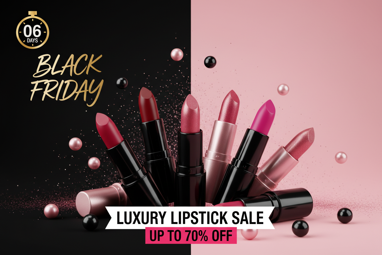Black friday sale 6 days pink and back background displaying lipsticks